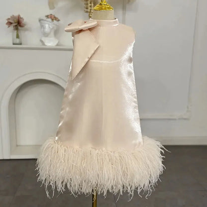 Customized Pink Flower Girl Dresses For Wedding Satin Feather With Bow Princess Birthday Party First Communion Pageant Ball Gown