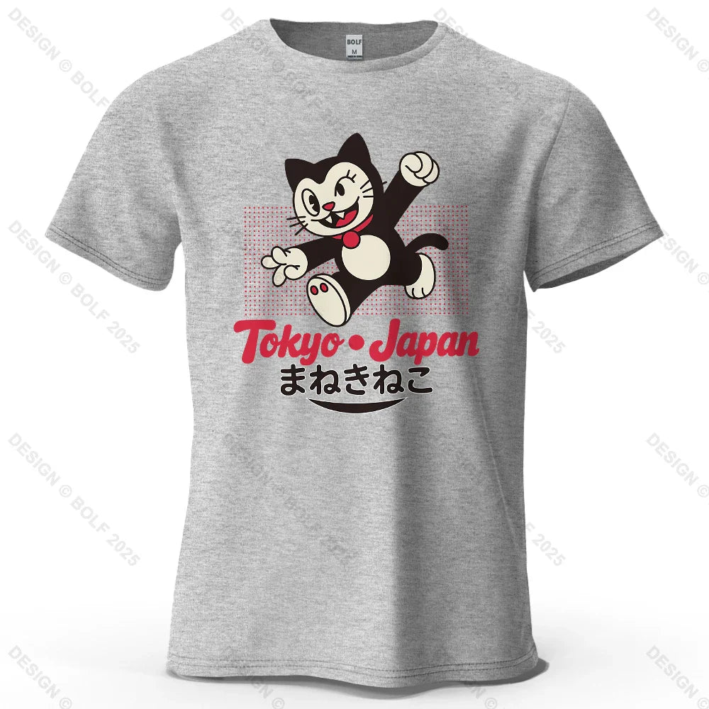 Tokyo Japan Maneki Neko Printed Men's T-Shirt 100% Cotton Oversized Cute Graphic Tees for Women Tops Tees Streetwear