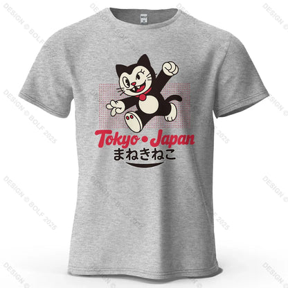 Tokyo Japan Maneki Neko Printed Men's T-Shirt 100% Cotton Oversized Cute Graphic Tees for Women Tops Tees Streetwear