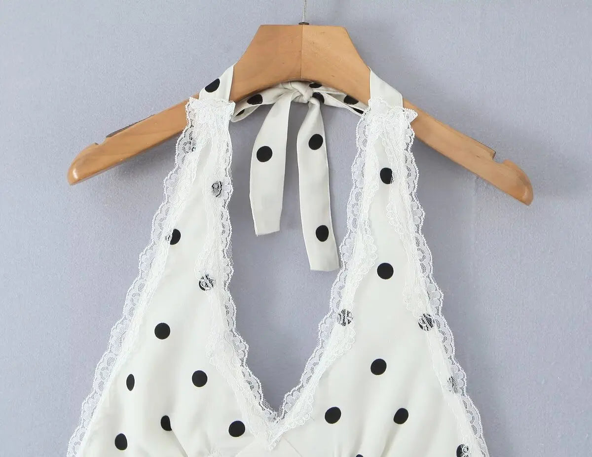 Lace Spliced Polka Dot Halter Dress Women Elegant A-line Mini Sexy Backless Dresses Summer Robe 2025