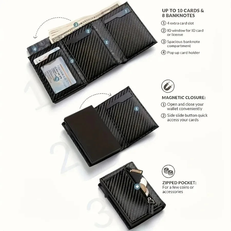 Portefeuille Homme avec Porte-Monnaie Zippé, Porte-Cartes de Crédit Métallique Éjectable Automatique, Portefeuille Minimaliste Anti-RFID pour Cartes de Visite – Idée Cadeau