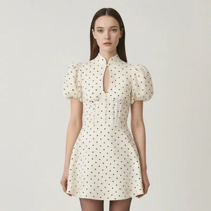 Retro Polka Dot Mini A-line Dress Elegant Stand Collar Puff Short Sleeve Waist-cinching Dresses 2026 New Lady Party Gowns