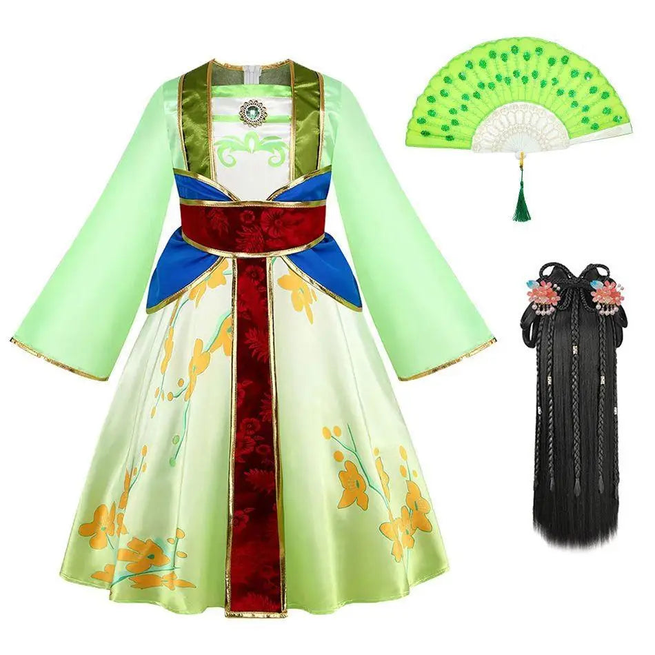 Mulan Cosplay Costume Girl Chinese-style Long-sleeved Hanfu with Hair Accessories Necklace Halloween Girl Hero Costume