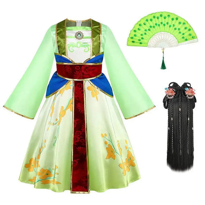 Mulan Cosplay Costume Girl Chinese-style Long-sleeved Hanfu with Hair Accessories Necklace Halloween Girl Hero Costume