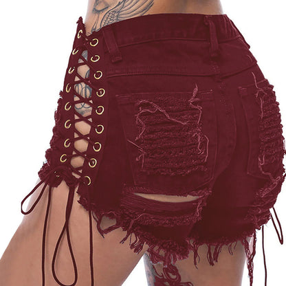Sexy Women's Jeans Fashion Casual Side Lace-Up Denim Shorts Sexy Hot Denim Short pants Club dance Ripped short jeans