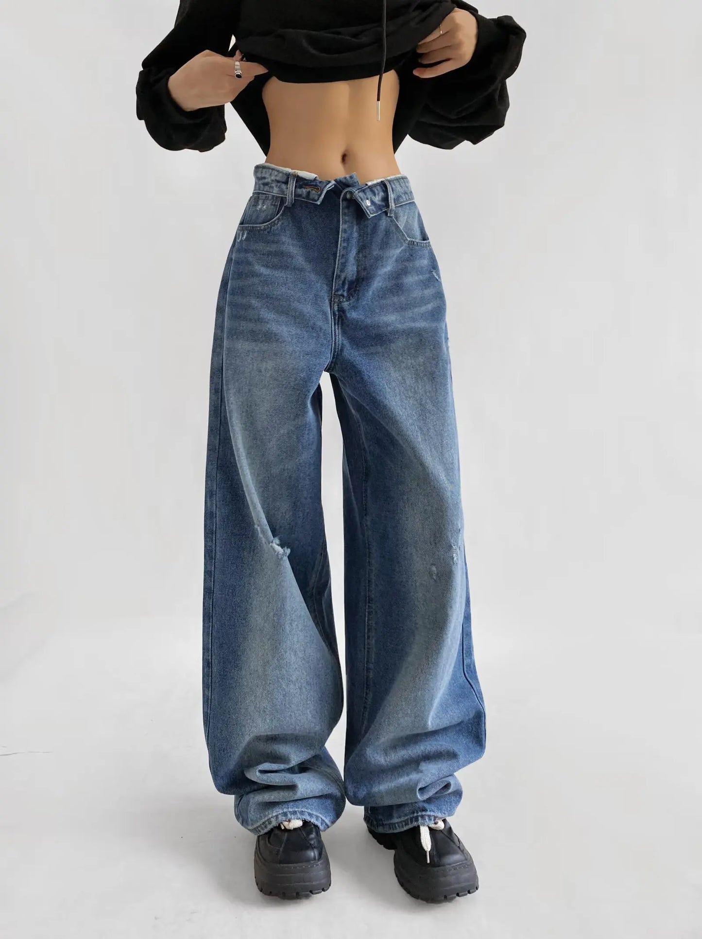 American Retro Cuffed High Waist Slimming Casual Denim Jeans Women's Autumn Versatile Loose Straight Leg Floor-Length Pants