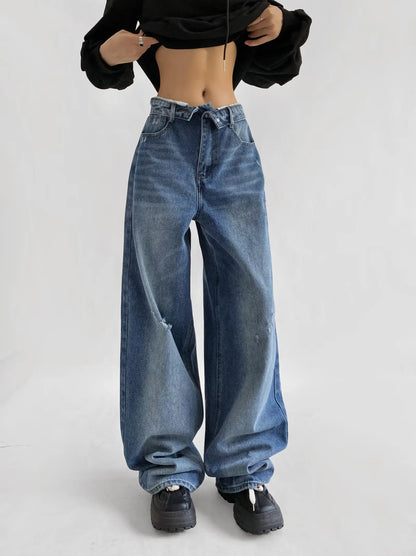 American Retro Cuffed High Waist Slimming Casual Denim Jeans Women's Autumn Versatile Loose Straight Leg Floor-Length Pants