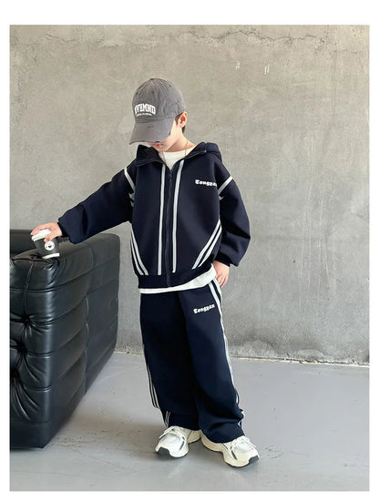 SpringAutumn Boys Navy Striped Zip Sweatshirt Jacket+Sweatpant Work Set School Kids 2PCS Tracksuit Children Jogger Outfit 5-16Yr
