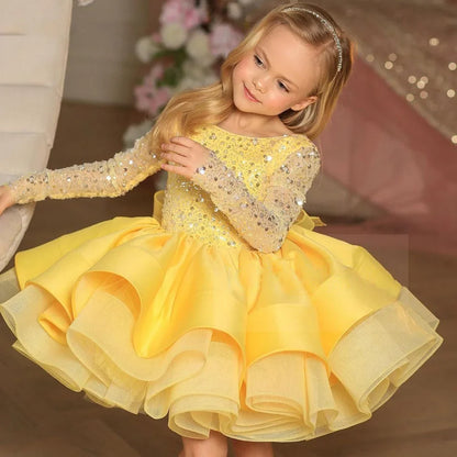 Customized Flower Girl Dresses Ivory Tulle Satin Sequin With Bow Long Sleeve For Wedding Pagant Birthday Holy Communion Gown