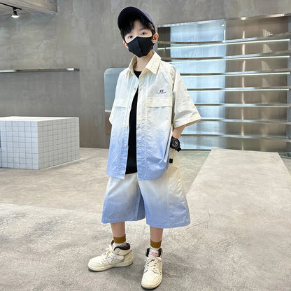 Fashion Kids Clothing Set Shirt Shorts Summer Suit for Teenage Boy Loose Casual Gradient Color Clothes Set Child Luxury Outfit