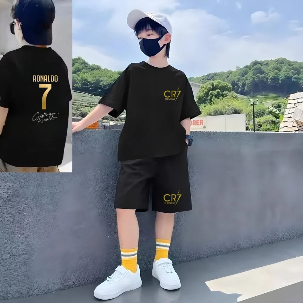 Children Short-sleeved T-shirt+Shorts Football Player Player No. 7 Print Boys Girls Toddler 3-12Yrs Sports Set Summer Clothing