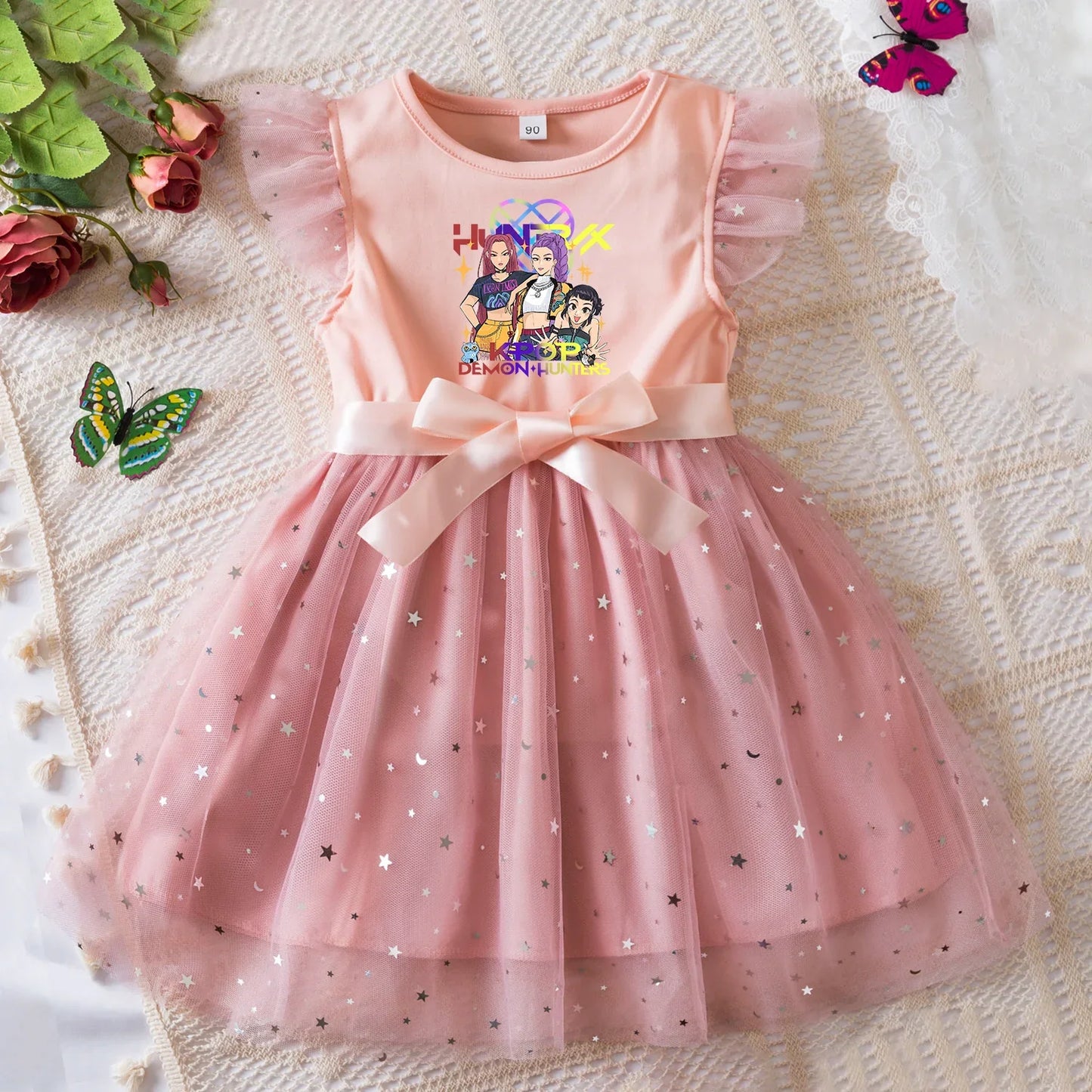 K-Pop Hunters Zoey Rumi Girls Sequin Tutu Dress with Bow Flutter Sleeves Summer Princess Party Outfit for Toddler Kids 2-6Y