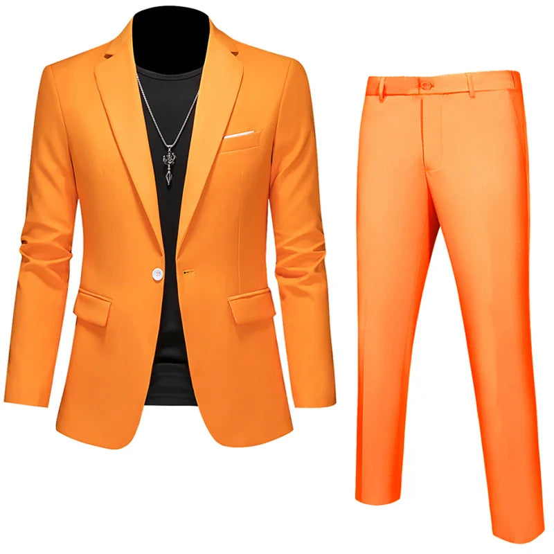 6XL-M (Blazer+Pants) High Quality Business Solid Color Slim Fit Suits 2 Pieces Men's Groom Wedding Social Tuxedos Set 16 Colour