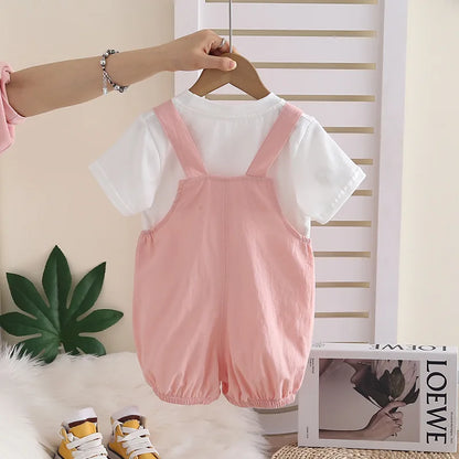 New Summer Suits for Baby Chinese Embroidery Kids Tshirt +Cartoon Horse Overalls 2pcs/sets Toddler Girl Fashion Clothing Outfits