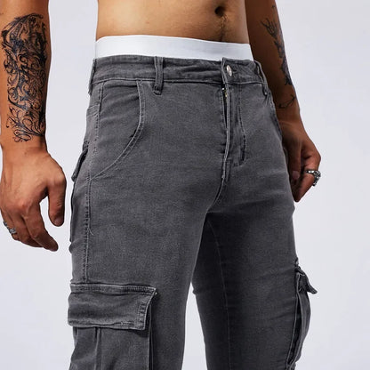 Slim Fit Large Pocket Jeans Cargo Pants for Men Fashionable Casual Hip Hop Stretch Denim Long Pants Male Streetwear Track Pants
