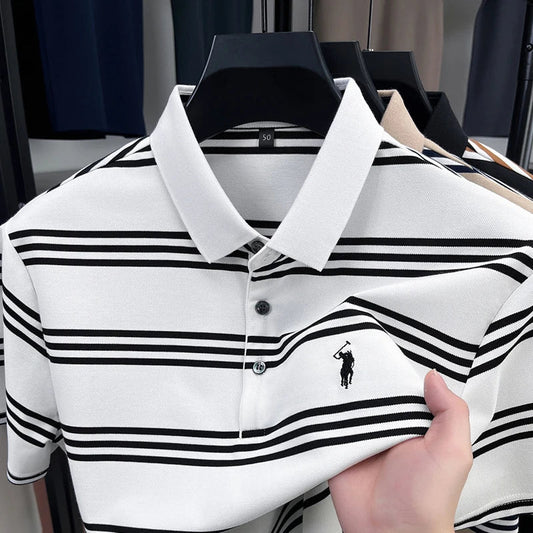 Men's Short Sleeve Embroidered Striped Polo Shirt Summer High End Brand Fashion Business Breathable Lapel T-shirt Men's Clothing