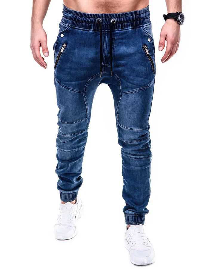 Men Jeans Pencil Pants Elastic Waist Drawstring Lace Up Pockets Washed Distressed Ankle Length Trousers 2025 Streetwear Denims