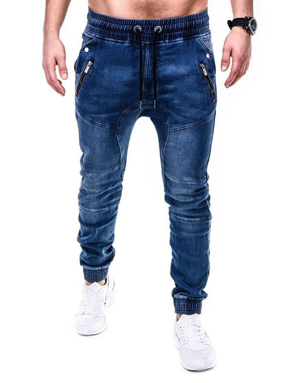 Men Jeans Pencil Pants Elastic Waist Drawstring Lace Up Pockets Washed Distressed Ankle Length Trousers 2025 Streetwear Denims