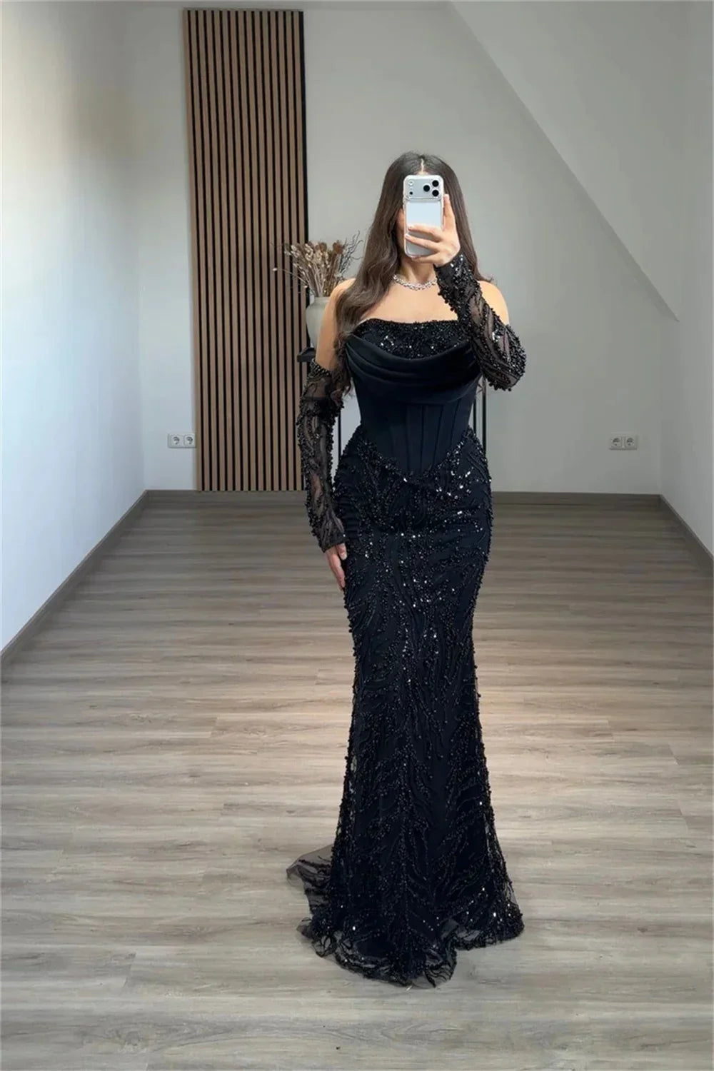 Custom Black Shiny Sequin Beaded robe de soirée femme Strapless Backless Corset Prom Dress Mermaid Formal event dress