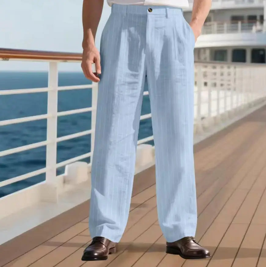 Men's Pinstripe Pants Linen Trousers  Solid Color Loose Fit Half Elastic Waist Straight Leg Breathable Soft For Summer Beach