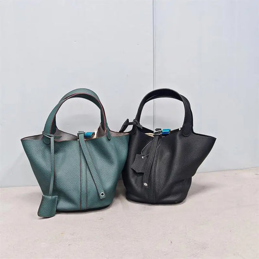 Top Layer Cowhide Leather Handbag European Sle Buet Bag Fre Vegetable Basket Ladies Handbag Soft Handle Casual Faion