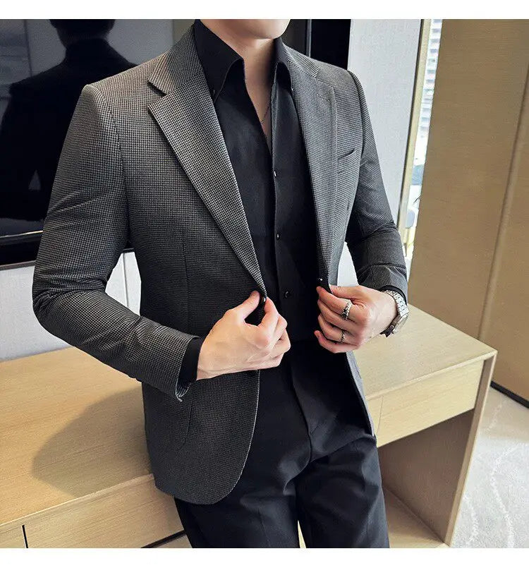 Korean Vintage Elegant Men's Business Slim Fit Suit Jacket 2026 New Fashion Lapel Single Breasted Men Social Party Dress Coats
