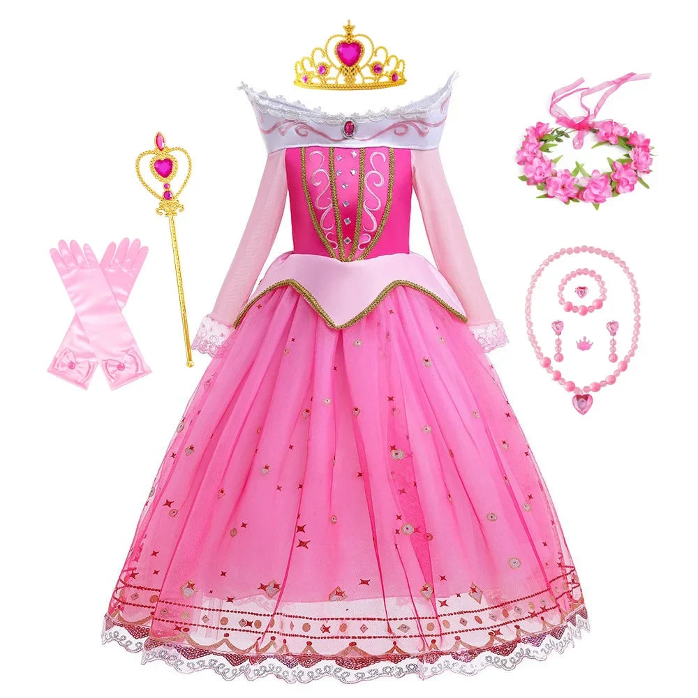 Sleeping Beauty Costume for Girls Aurora Dress Long Sleeves Off Shoulder Kids Halloween Christmas Fancy Party Princess Clothing