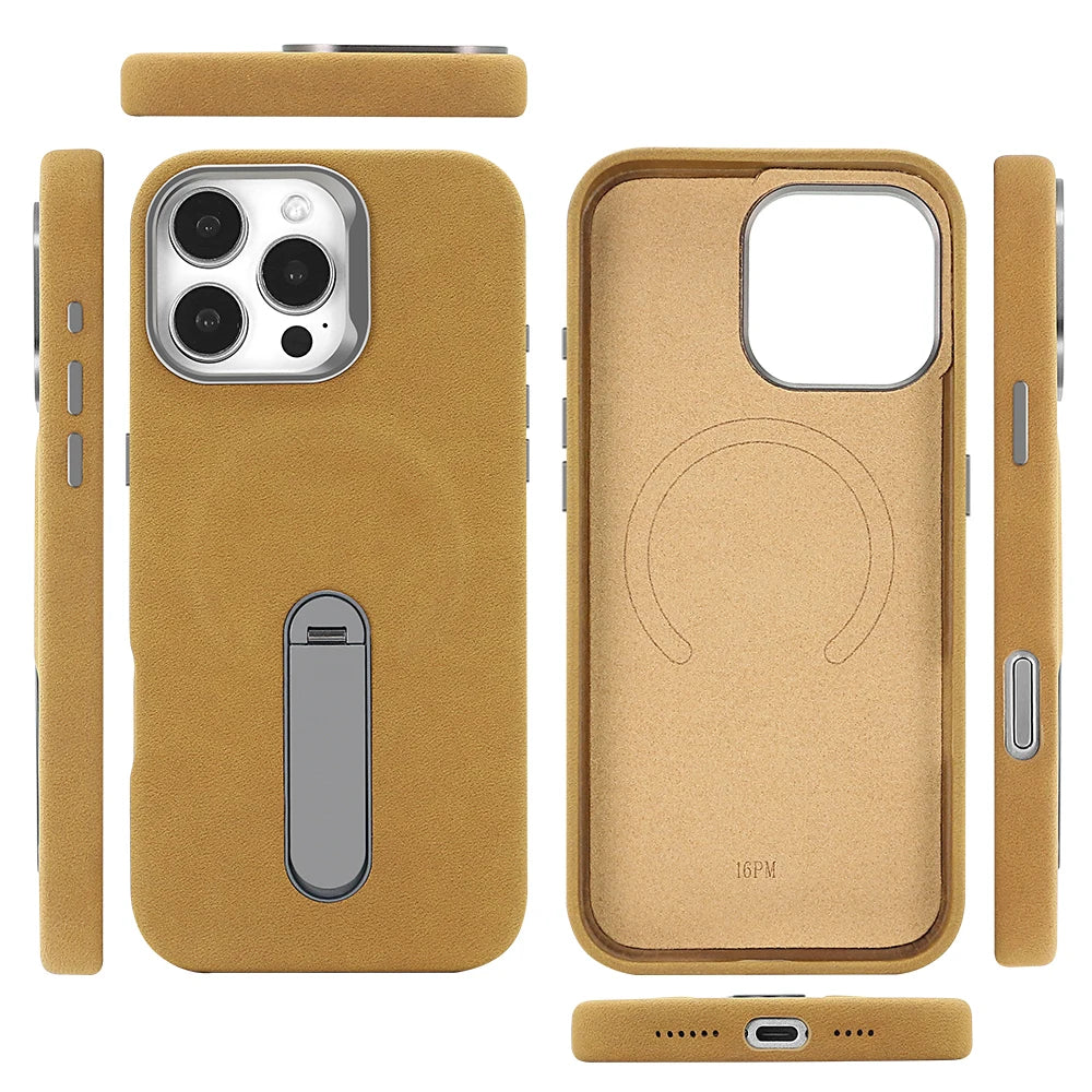 For iPhone 17 Pro Protective Case With Metal Rotatable Kickstand Suede Artificial Leather Phone Case For iPhone 17 16 15 Pro Max