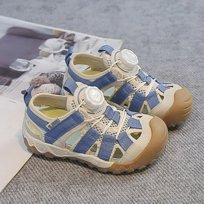 Kids' Rotating Button Closed-Toe Sandals, Breathable Mesh Shoes, Non-Slip Boy Girls Barefoot Shoes Summer Casual Sports Sandals