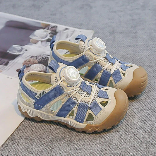 Kids' Rotating Button Closed-Toe Sandals, Breathable Mesh Shoes, Non-Slip Boy Girls Barefoot Shoes Summer Casual Sports Sandals