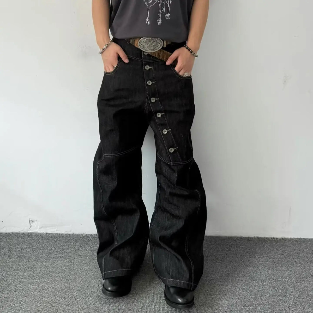 American Retro Long Row Button Design Men's Jeans High Street Loose Wide Leg Floor-Length Trousers Trendy Casual Jeans