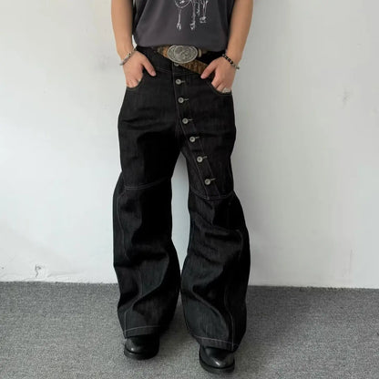 American Retro Long Row Button Design Men's Jeans High Street Loose Wide Leg Floor-Length Trousers Trendy Casual Jeans