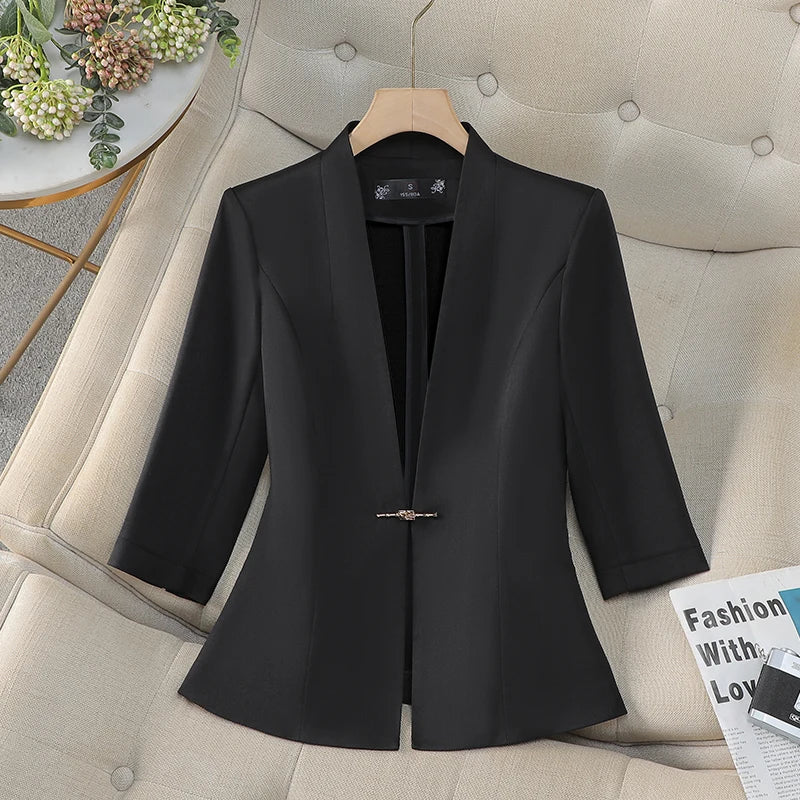 Women's Slim Fit Blazer Spring Summer Fashion Solid Color Single Button Jacket Office Lady Coat Top New Arrival 2025