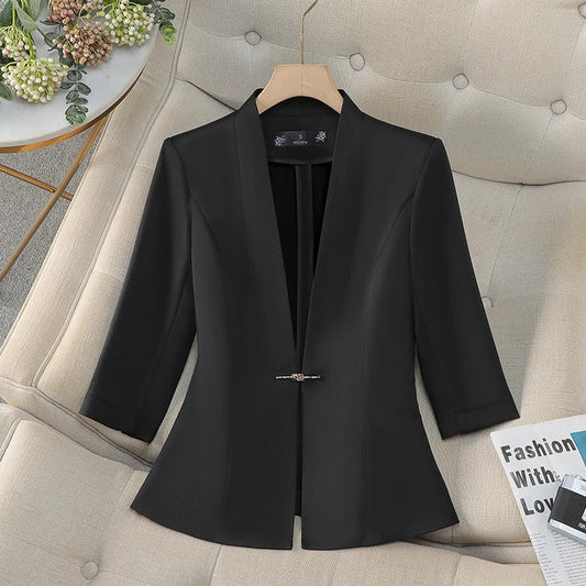 Women's Slim Fit Blazer Spring Summer Fashion Solid Color Single Button Jacket Office Lady Coat Top New Arrival 2025
