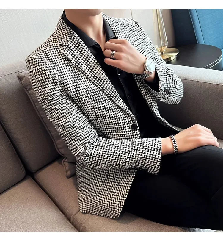 2025 Spring Men's Plaid Suit Jacket Korean Luxury Business Slim Fit Social Suit Jacket Formal Social Party Wedding Prom Tuxedo