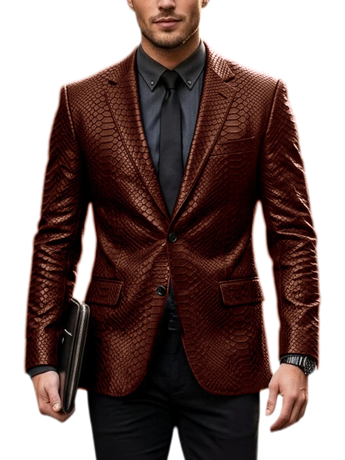 Men's Luxury Crocodile Pattern Leather Blazer Slim Fit Two Button Notch Lapel Suit Jacket Business Casual Wedding Tuxedo Dress