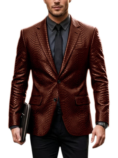 Men's Luxury Crocodile Pattern Leather Blazer Slim Fit Two Button Notch Lapel Suit Jacket Business Casual Wedding Tuxedo Dress