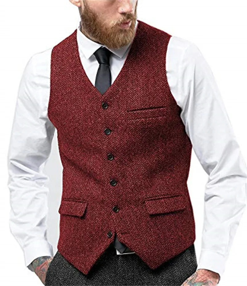 Herringbone Vest for Men Wool Tweed Waistcoat for Groom Groomsman Formal Single Breasted Males Plus Size Dress Suit Vest