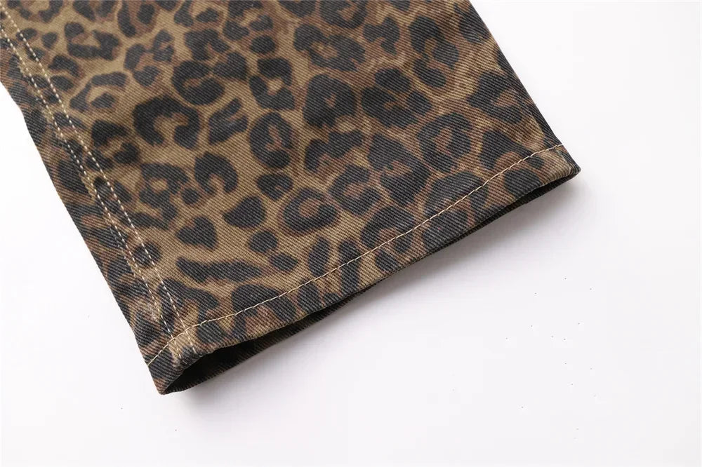 High Waisted Leopard Print Jeans for Women Y2k Retro Streetwear Denim Pants Hip Hop Straight Wide Leg Baggy Jeans