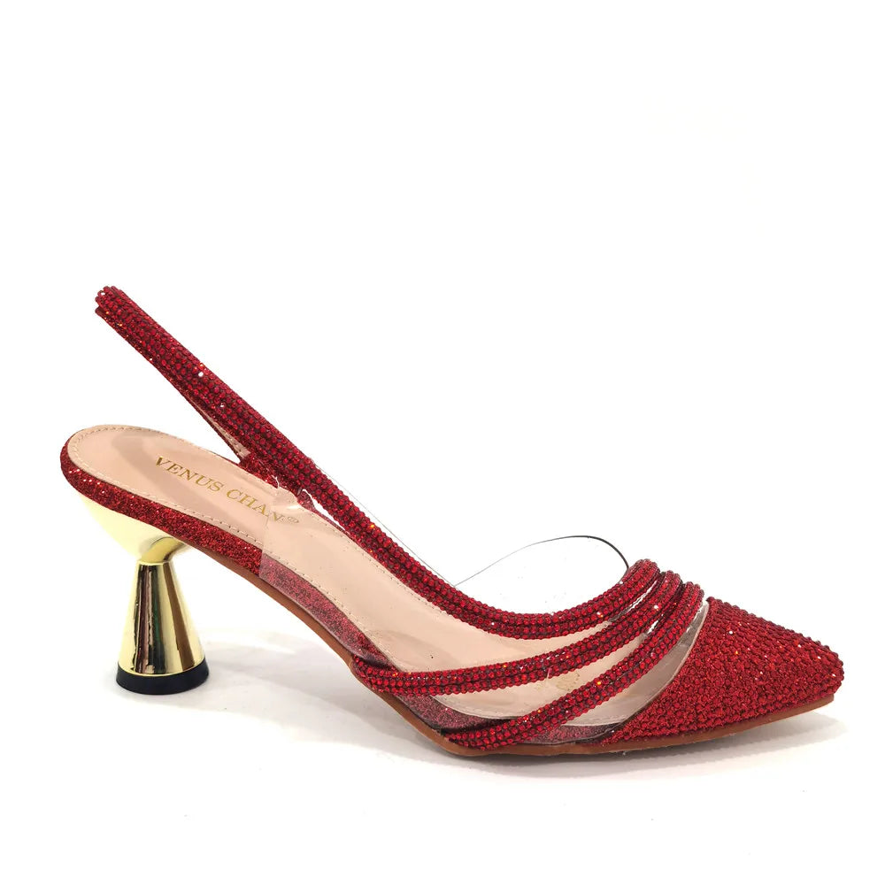 Italian Pointed Toe Wedding Shoes Gold Color Summer Sandal for Women 2023 High Heels Rhinestone Shoe and Bag Set