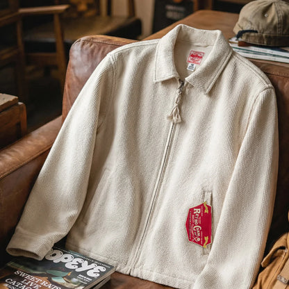 Men's Vintage White Jacket Heavyweight Cotton Turn-Down Collar Zip-Up Short Outwear Canvas Fitted Fit Spring Autumn Coat