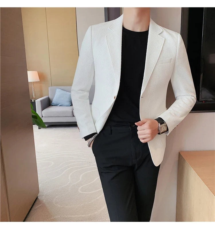 Plus Size 4XL-M Autumn New Waffle Suit Jacket Men Two Buttons Slim Fit Business Casual Blazers Homme Formal Groom Prom Tuxedo