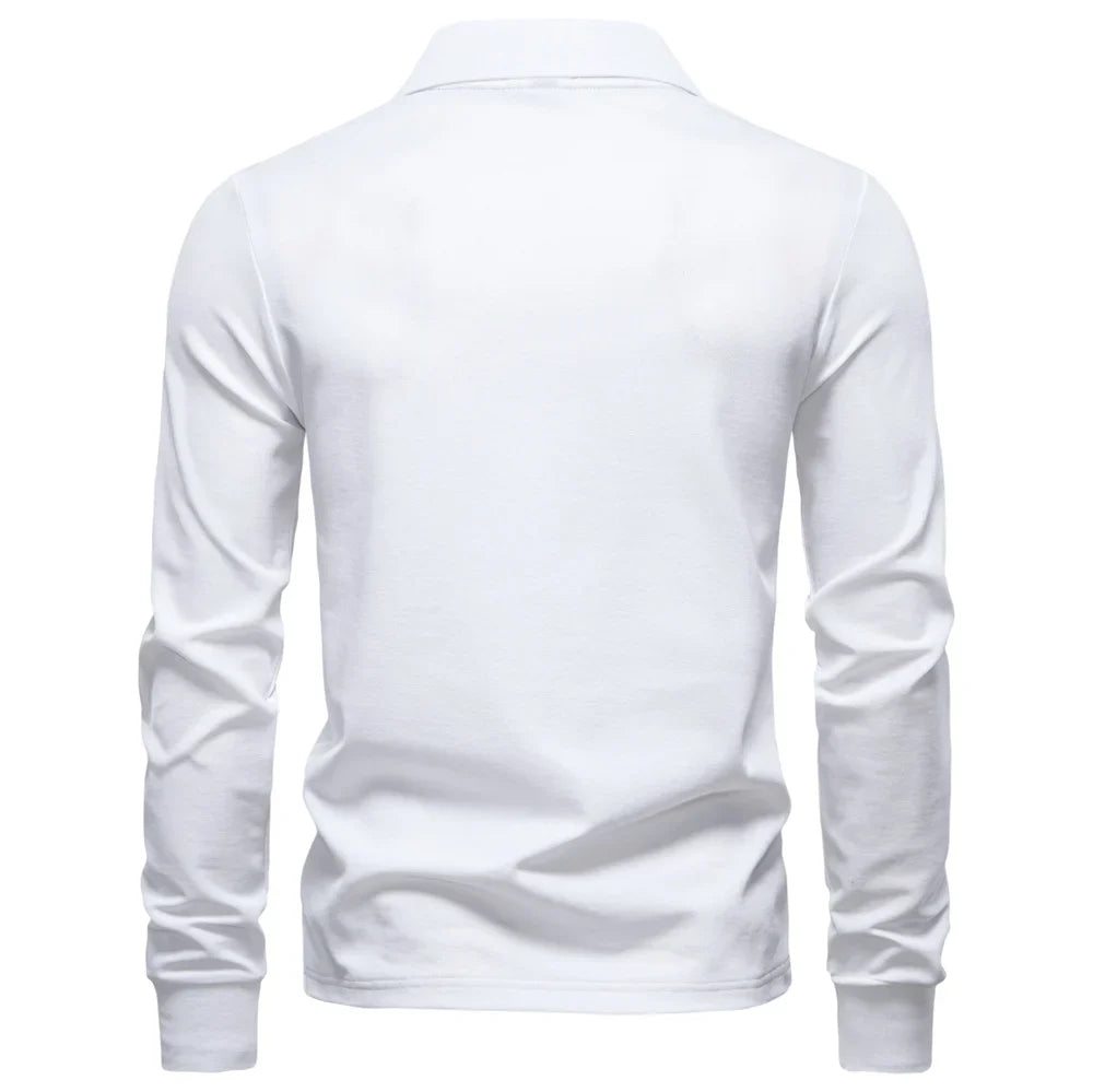 2025 Business Casual Polo Shirt Men Solid Color Long Sleeve Cotton Rich Blend Breathable Polos Male