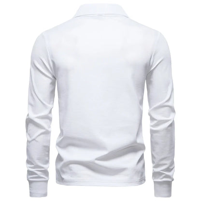 2025 Business Casual Polo Shirt Men Solid Color Long Sleeve Cotton Rich Blend Breathable Polos Male