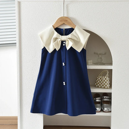 Korean Version Black Sleeveless Kids Clothes Summer New Bow Decoration Girls Dress Birthday Party Princess Dresses 2-7 Years Old