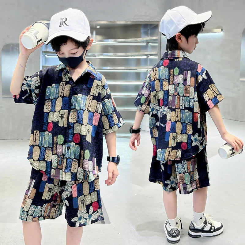 New Summer Kids Beach Clothes Set 2 Pieces Set for Boys Casual Shirt Short 2PCS Clothing Set Children Cool Vacation Outfit Suit