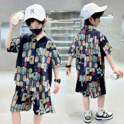 New Summer Kids Beach Clothes Set 2 Pieces Set for Boys Casual Shirt Short 2PCS Clothing Set Children Cool Vacation Outfit Suit