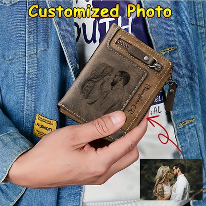 Customized Photo Men Retro Short Wallet Engraved Picture Zipper PU Leather Coin Purse High Quality Credit Card Holder Ideal Gift