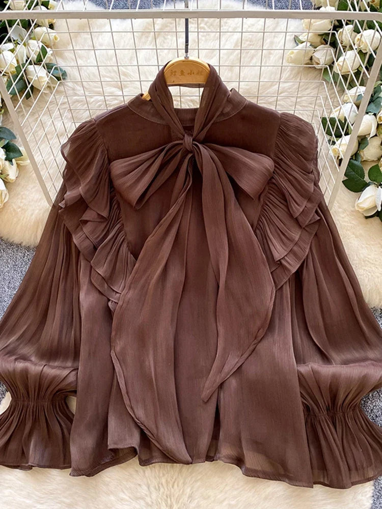 Women Spring Autumn Shirt Fashion French Retro Casual High-end Polka Dot Blouse with Bubble Sleeves Bow Design Top S263