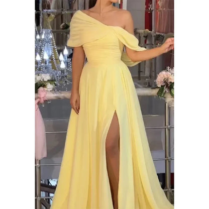 Saudi Arabia Sexy Yellow Prom Dresses for Women 2025 Pleated Chiffon Evening Gown Floor Length Formal Occasion Dress Customized